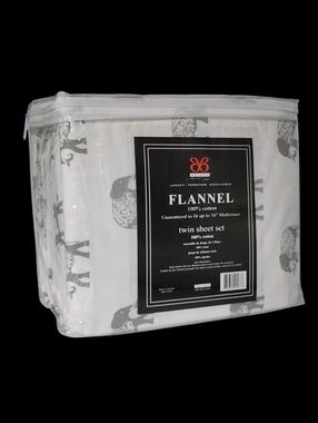 BIBB Home Twin Size Ivory Cotton Flannel Sheet Set of 3pc With Gray Elephants‎